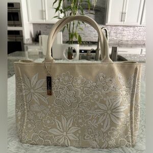 Oscar de La Renta NM‎ Floral Lace Canvas Handbag BOHO Beach Everyday Tote Bag